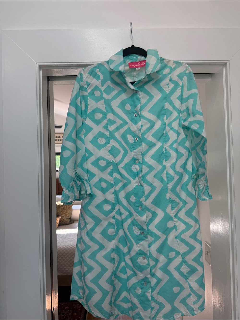 Mary marshmallow   Women’s Aqua Geometric Midi Dress - Button Front
